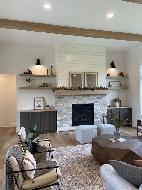 Partial Stone Fireplace, Living Rooms No Fireplace, Fireplace With Uneven Built Ins, Shelves Family Room, Shelves Next To Fireplace One Side, Cabinet On Either Side Of Fireplace, Oak And Grey Living Room, Fireplace On Half Wall, Small Brick Fireplace Makeover