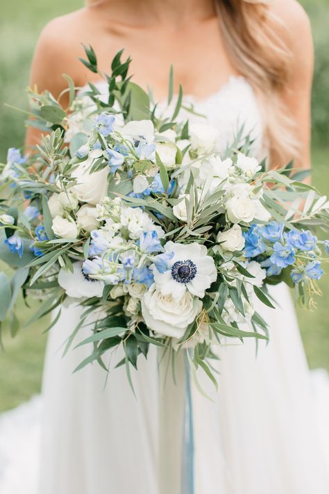 Wild Wedding Bouquet Summer, Bluebells Wedding Bouquet, Blue Poppy Wedding Bouquet, Blue Bridesmaid Dresses With Wildflowers, Blue And Green Wedding Florals, White Green And Blue Bridal Bouquet, White And Green Wedding Flowers Table Centerpieces, July Wedding Flowers In Season, July Wedding Bouquet