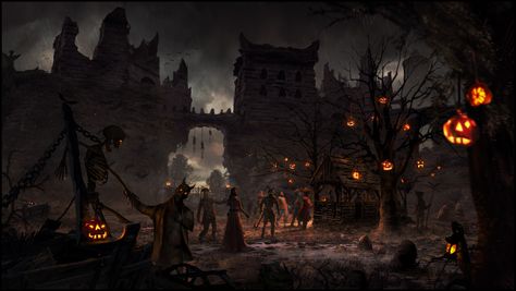 The Haunted Festival, Dominique van Velsen on ArtStation at https://www.artstation.com/artwork/9ZgEa Horror Background, Halloween Desktop Wallpaper, Frames Design Graphic, Frames Design, Festival Art, Background Cartoon, Fall Tv, Cartoon House, Gothic Fantasy Art