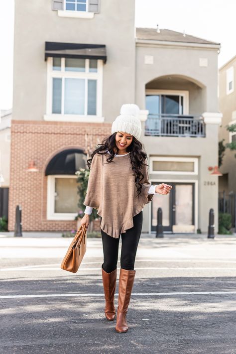 Winter outfit idea - petite ruffled poncho cognac boots pom pom beanie Petite Winter Outfits 2023, Poncho Outfit, Mai Thai, Cognac Boots, Stylish Petite, Womens Outfit, Pumpkin Patch Outfit, Boating Outfit, Magazine Fashion