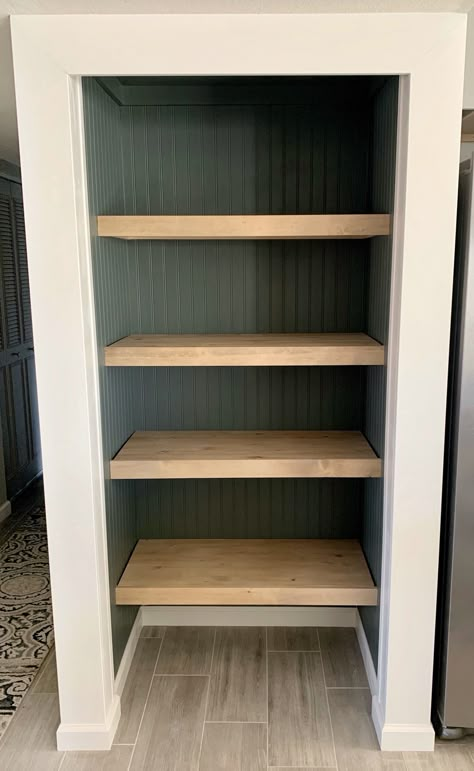 How to Transform Your Pantry into an Open Shelf Kitchen Nook - Lemon and Bloom Open Shelf Pantry, Open Shelf Kitchen, Small Pantry Closet, Pantry Closet Design, Open Pantry, Pantry Remodel, Pantry Makeover, Pantry Shelving, Small Pantry