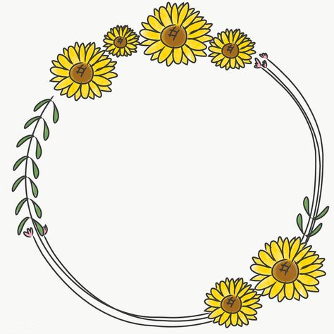 Sunflower Doodle, Sunflower Circle, Drop Cap Typography, Sunflower Border, Flower Wreath Illustration, Hand Drawn Sunflower, Drawn Sunflower, Wreath Illustration, Doodle Frames