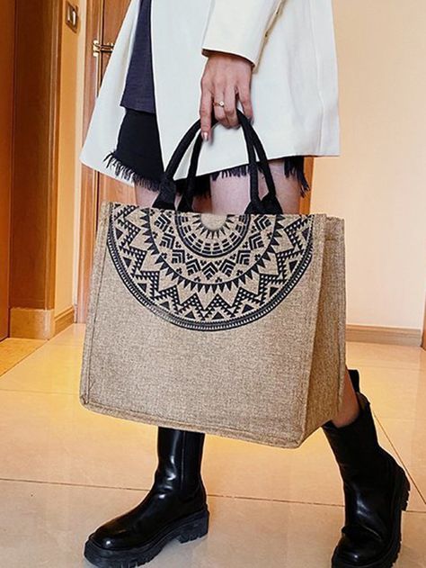 Come to Stylewe to buy Tote Bag at a discounted price, SPU: 1ETO76E8B4, Color: As Picture, Pattern:Ethnic, Activity:Vacation. Linen Tote Bag, Vacation Bag, Ethnic Bag, Jute Tote Bags, Jute Bag, Trendy Girl, Luxury Purses, Ethnic Patterns, Jute Bags