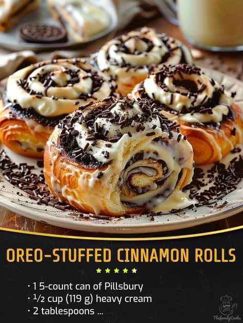 Kylie Recipes | Oreo-Stuffed Cinnamon Rolls | Facebook Oreo Cinnamon Rolls, Grands Cinnamon Rolls, Pillsbury Grands, Cinnamon Rolls Recipe, Sweet Snacks Recipes, Beef Recipes For Dinner, Bakery Recipes, Snacks Recipes, Food Goals