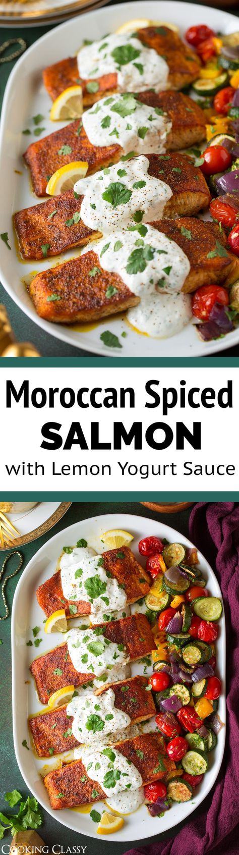 Moroccan Salmon Recipe, Moroccan Salmon, Lemon Yogurt Sauce, Quick Salmon Recipes, Spiced Salmon, Moroccan Spice Blend, Salmon Spices, Power Salad, Cilantro Sauce