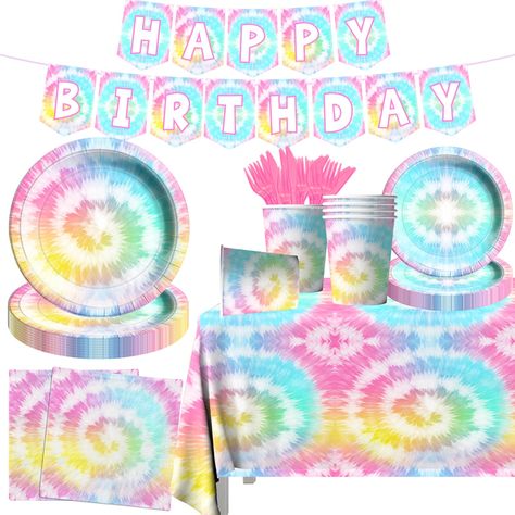 PRICES MAY VARY. 【Tie Dye Kit Includes】You will receive 142pcs tie dye birthday party supplies includes: 1pc happy birthday banner, 1pc tie dye tablecloth, 40pcs dinner plates (2 sizes), 20pcs cups, 40pcs napkins, 20 knives and forks, our tie dye themed birthday party decorations will bring you a joyful atmosphere. 【High Quality Tie Dye Tableware】The birthday party plates and napkins sets are made of safe and non-toxic material. The tie dye tablecloth is made of plastic, easy use and storage.It Party Plates And Napkins, Tie Dye Birthday Party, Pool Party Supplies, Glamping Birthday, Hip Hop Birthday, Tie Dye Birthday, Birthday Party Plates, Tie Dye Party, Colorful Birthday Party