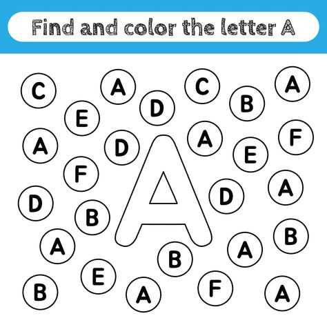 Learning worksheets for kids, find and color letters. Educational game to recognize the shape of the alphabet. Letter A. Letter A Worksheet, Alphabet Letter Find, English Language Activities, Letter I Worksheet, Name Activities Preschool, School Kids Activities, English Worksheets For Kindergarten, Letter Games, Letter Find