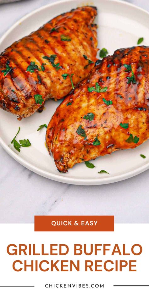 Spice up your dinner with this quick and easy Grilled Buffalo Chicken recipe! In under 30 minutes, enjoy juicy, tender, and flavorful chicken breasts with a spicy kick. Perfect for pairing with potatoes, celery, and carrots or creating delicious sandwiches and burgers. Elevate your grilling game tonight! Buffalo Chicken Breast, Grilled Buffalo Chicken, Spicy Grilled Chicken, Buffalo Chicken Recipes, Homemade Buffalo Sauce, Tender Chicken Breast, Chicken Tender Recipes, Grilling Chicken Breast, Grilled Chicken Recipes