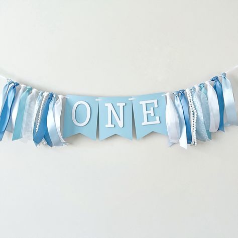 Birthday Banner 1st Birthday, One Banner For High Chair, Baby Blue Birthday Party Decorations, 1st Birthday High Chair Decorations, High Chair Decorations 1st Birthday, Blue Themed Birthday Party, Blue First Birthday Party, First Birthday Blue, Blue First Birthday