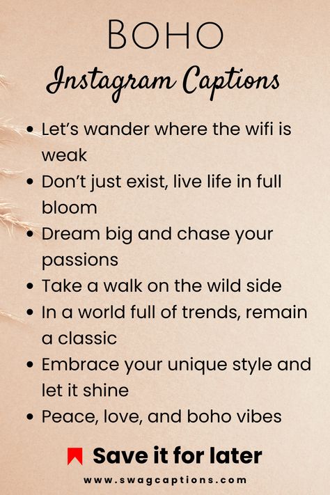 Embrace your free-spirited vibes with these Boho Instagram Captions! From dreamy sunsets to wanderlust adventures, find the perfect words to accompany your bohemian photos. Let your inner gypsy shine through with our curated collection of whimsical captions. Boho Captions, Boho Aesthetic Photos, Boho Style Quotes, Pretty Captions, Bohemian Quotes, Fashion Captions, Spice Up Your Instagram, Instagram Caption Lyrics, Caption Lyrics