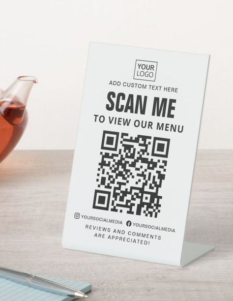 White or any color scan QR code to view menu sign with your custom logo and your social media. Qr Code Signage Design, Qrcode Design Ideas, Menu Qr Code Design, Scan Me Design, Scan Me Qr Codes Design, Qr Code Design Ideas, Promotional Items Marketing, Qr Code Social Media, Qr Code Design