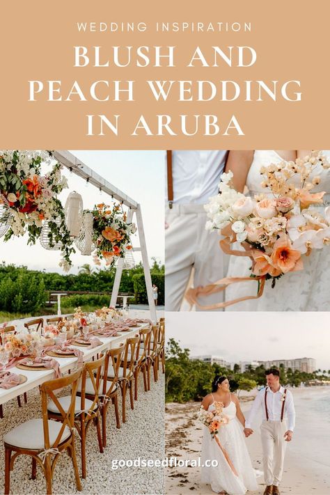 Jessica and Dylan had their beautiful beach wedding on the white sands of Aruba, with blush and peach wedding flowers, a tropical bridal bouquet, boho ceremony decor and a beautifully decorated beach wedding dinner set up. See more on the blog! Photographer: Karra Leigh Photo Florist: Good Seed Floral Styling: Mae and Co Creative Beach Wedding Mood Board, Boho Ceremony Decor, Peach Beach Wedding, Beach Wedding Dinner, Boho Ceremony, Tropical Bridal Bouquet, Wedding Reception Tablescapes, Peach Beach, Beach Wedding Coral