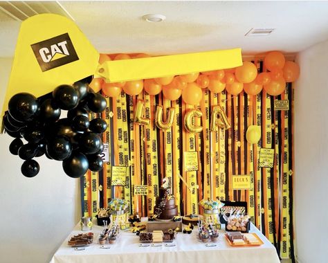 Construction Photo Backdrop, Construction 1st Birthday Party Decoration, Construction Party Ideas Decoration, Construction Backdrop Ideas, Skid Steer Birthday Party, Construction Birthday Party Backdrop, Tonka Birthday Party, Diy Construction Party Decorations, Tonka Truck Birthday Party