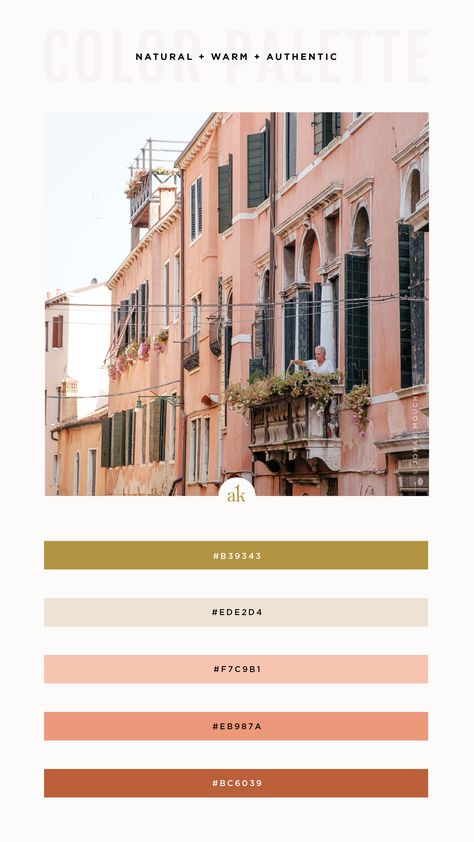 an Italian-balcony-inspired color palette // natural, warm, authentic, boho // green, natural pearl white, peachy apricot, tuscan brown Tuscan Colour Palette, Dark Green Shutters, Italy Color Palette, White Window Frames, Italian Color Palette, Tuscan Color Palette, Italian Balcony, Tuscan Colors, Romantic Colors Palette