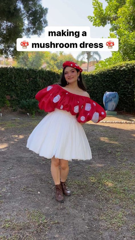 crescentshay on Instagram: 🍄🍄 making a mushroom dress!🍄🍄 this dress was actually made BEFORE the black widow dress, but with the rush to make the black widow dress… Mushroom Dress Fairy, Cute Mushroom Dress, Mushroom Dress Design, Mushroom Festival Outfit, Mushroom Dress Drawing, Mushroom Dresses, Mushroom Costume Women, Mushroom Outfits, How To Make A Dress