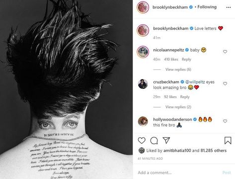 BROOKLYN Beckham has unveiled a huge new neck tattoo dedicated to his fiancee Nicola Peltz and a love letter she wrote him. The 21-year-old took to Instagram on Saturday to show off his latest inking, his fifth dedicated to his future wife. Sharing a black and white shot of his new body art, Brooklyn simply […] Mark Wright, Nicola Peltz, Nicolas Peltz, Brooklyn Beckham, Latest Tattoos, A Love Letter, Eye Tattoo, Future Wife, Love Letter