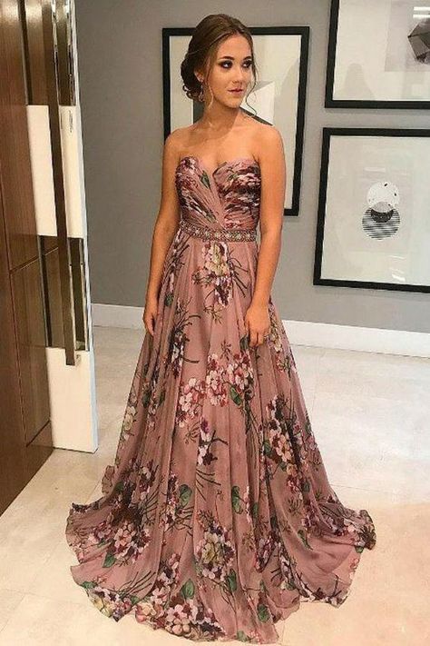 Prom Dresses Maroon, Maroon Prom Dress, Floral Print Prom Dress, Printed Prom Dresses, Strapless Evening Dress, Sweetheart Prom Dress, Beaded Prom Dress, A Line Prom Dresses, Chiffon Prom Dress