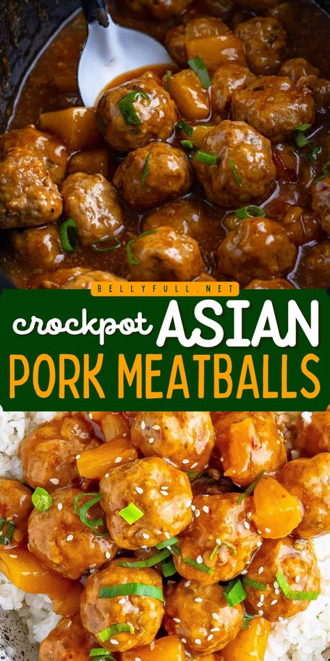 Made with ground pork, pineapple, sweet chili sauce, and hoisin sauce, these Crockpot Asian Meatballs are so flavorful and tender. A delicious twist on classic pork meatballs, these can be enjoyed as an appetizer or full meal. Crock Pot Asian Meatballs, Pork Meatball Recipes, Crockpot Meatballs Chili Sauce, Ground Pork Appetizers, Hawaiian Crockpot Pineapple Meatballs, Crockpot Asian Meatballs, Ground Pork Crock Pot Recipes, Ground Pork Recipes Crockpot, Crockpot Ground Pork Recipes