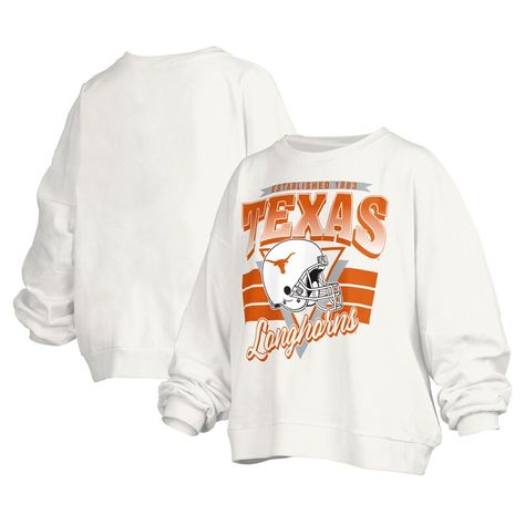 Layer up with a bold display of your unending loyalty to the Texas Longhorns by grabbing this Janice Retro Logo Oversized Pullover Sweatshirt from Pressbox. It features the university's founding year, a Texas Longhorns wordmark and a team helmet printed across the torso. The oversized design ensures this extra layer rests comfortably while the midweight design makes this pullover an ideal grab when cooler temperatures arrive. Texas Longhorns, Retro Logo, Oversized Pullover, White Sweatshirt, Pullover Sweatshirt, A Team, Texas, Ootd, Top Outfits