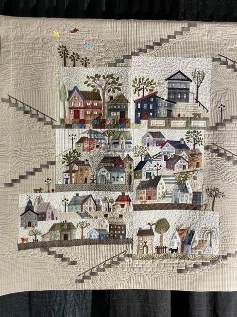 house and home quilts, neighborhood quilt Applique Houses, California Quilt, Quilt Neutral, Houses Quilt, Whimsical Houses, House Quilt Patterns, Ontario California, Yoko Saito, Farmhouse Quilts