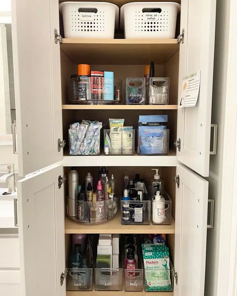 Diy Bathroom Closet Organization, Deep Shelves Organization Bathroom, How To Organize Open Bathroom Shelves, Organize Toiletries Closet, Bathroom Cupboards Storage, Organizing Toiletries Closet, Bathroom Stuff Organization, Shelves In Bathroom Closet, Deep Bathroom Closet Organization