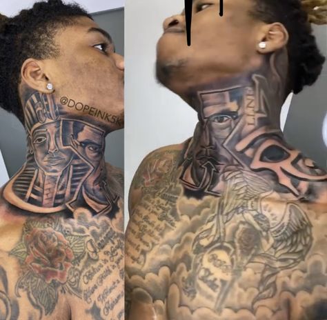 Egyptian Neck Tattoo Men, Black Neck Tattoo Men, Neck Tattoo For Black Men, Neck Sleeve Tattoo Men, Mens Full Chest Tattoo, Neck Tattoo Black Men, Black Men Neck Tattoo Ideas, Black Neck Tattoo, Neck Tattoo For Guys Black Men