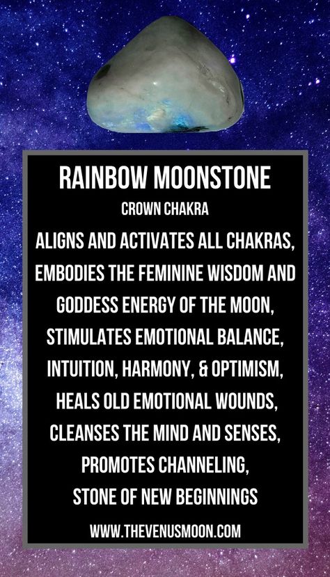 Metaphysical benefits of rainbow moonstone. Card created by the Venus Moon. Follow me on Facebook  www.facebook.com/thevenusmoon and checkout thevenusmoon.com for more free crystal cards, my crystal shop and tarot readings. Manifestation Crystals, Moonstone Healing Properties, Moonstone Properties, Crystal Cards, Witchy Business, Stone Meanings, Crystal Magick, Crystal Healing Chart, Crystal Work