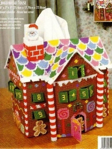 House Advent Calendar, Advent House, Gingerbread Creations, Gingerbread House Patterns, Plastic Canvas Box Patterns, Canvas Ornaments, Kleenex Box Cover, Plastic Canvas Ornaments, Tissue Cover