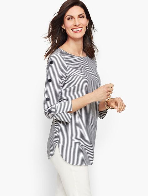 Shop Talbots for modern classic women's styles. You'll be a standout in our Button Sleeve Poplin Shirt - Stripe - only at Talbots! Tunik Linen, Cotton Tops Designs, Projek Menjahit, Kurti Sleeves Design, Tunic Designs, Women Blouses Fashion, Kurta Neck Design, Kurti Designs Latest, Fashion Tops Blouse