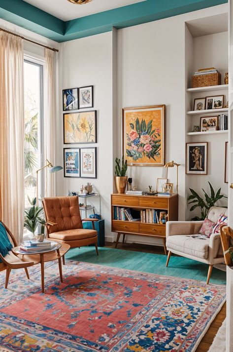 Eclectic Living Room with a Mix of Furniture, Artwork, and Plants - Design Ideas AI Teal Eclectic Living Room, White Eclectic Living Room, Eclectic Bedrooms, Colorful Midcentury, Mcm Living Room, Eclectic Decor Vintage, Vintage Living Room Decor, Living Room Wood Floor, Vibrant Living Room