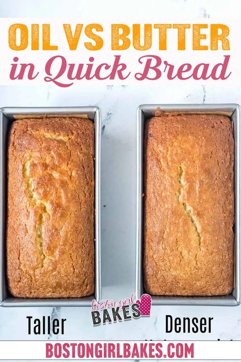 Make delicious baked goods by learning the effects of substituting fats in baking recipes. Here’s everything you need to know about oil vs butter in quick bread. In baking, adding a form of fat is a must. Butter and oil are the most commonly used fat. But can you use butter to substitute oil or oil for butter, especially in quick bread? Learn everything you need to know about substituting oil with butter and vice versa with this guide. | @bostongirlbakes Oil Alternative In Baking, Substitute Vegetable Oil Baking, Butter Substitute Baking, Banana Bread With Oil, Recipes Using Bananas, Bread Substitute, Canned Butter, Oil Cake, Sour Dough