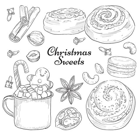 Premium Vector | Hand drawn christmas sweets, tasty collection of holiday food Drawings Christmas Doodles, Christmas Decor Drawing, Christmas Food Drawing, Christmas Food Illustration, Christmas Cookies Drawing, Gingerbread Drawing, Chinese Food Illustration, Food Drawing Ideas, Cookie Drawing