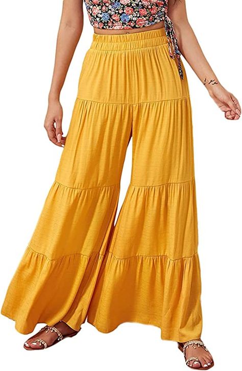 Floerns Women's Boho Elastic High Waisted Ruffle Hem Wide Leg Palazzo Pants A Yellow XL at Amazon Women’s Clothing store Slim Fit Crop Top, Sports Pants Women, Wide Leg Palazzo Pants, Black Wide Leg Pants, Flowy Pants, High Waist Fashion, Hipster Fashion, Boho Casual, Crop Top Blouse