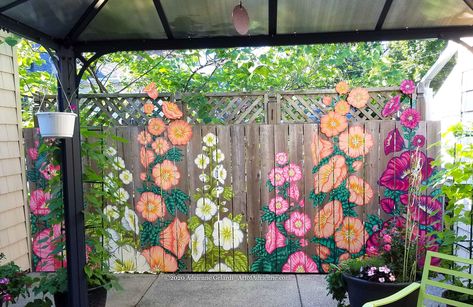 Hollyhock Fence w/Cut-outs by Adrienne Gelardi Nature Murals Painted, Mural Fence, Garage Mural, Garden Wall Mural, Fence Painting, Exterior Murals, Garden Fence Art, Garden Mural, Columbine Flower