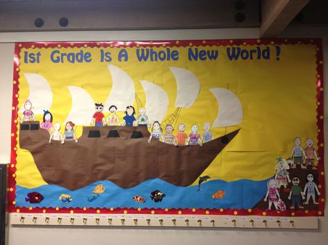 Mrs. Burton's Social Studies, 1st Grade-The Mayflower Bulletin Board (The Mayflower had 4 masts and 6 sails, so next year I will have to update this!) Fall Bulletin Board Ideas, Hallway Bulletin Boards, November Bulletin Boards, Preschool Thanksgiving, Fall Bulletin Board, Fall Bulletin Boards, The Mayflower, Thanksgiving Preschool, Bulletin Board Ideas