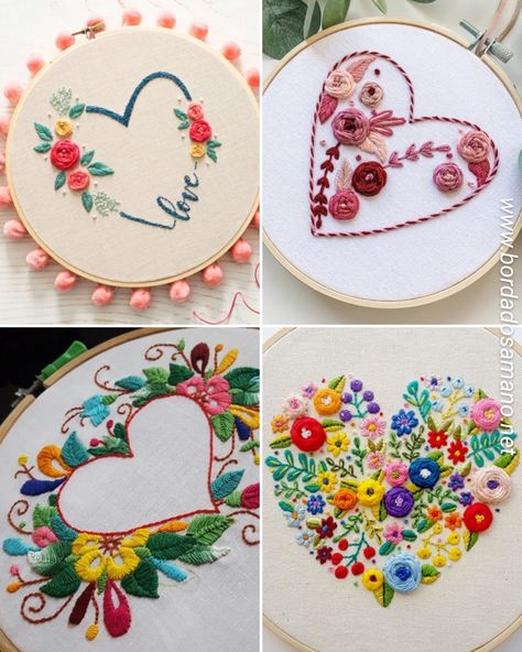 Corazones de flores bordados a mano -... - Bordados Faciles Mexican Embroidery Designs, Pretty Hats, Mexican Embroidery, Embroidered Quilts, Diy Sewing Pattern, Embroidery Blouse Designs, Square Quilt, Painting Crafts, Embroidery Art