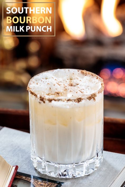 Southern Bourbon Milk Punch | Southern FATTY Whiskey Milk Punch, Bourbon Cream Drinks, Jameson Drinks, Bourbon Milk Punch, Milk Punch Recipe, Manly Cocktails, Bourbon Honey, Southern Cocktail, Milk Punch