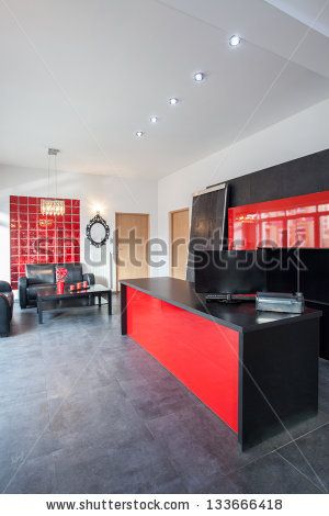 Office with red and black interior by Photographee.eu, via Shutterstock Office Decor Ideas For Work Workspaces, Male Office Decor, School Office Decor, Office Paint Colors, Red Office, Office Images, Luxury Office, Colourful Living Room, Office Colors