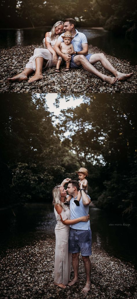 Creek Family Photoshoot Outfits, Waterfall Family Pictures, River Family Pictures, Water Family Photoshoot, Woodsy Family Photos, Family Photos In Water, Creek Family Pictures, Summer Creek Family Photos, Family River Photoshoot