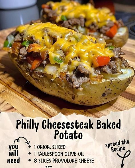 Philly Cheesesteak Potatoes, Philly Cheesesteak Baked Potato, Cheesesteak Baked Potato, Steak Ribeye, Baking Potatoes, Chicken Mashed Potatoes, Stuffed Potatoes, Baked Steak, Leftover Steak