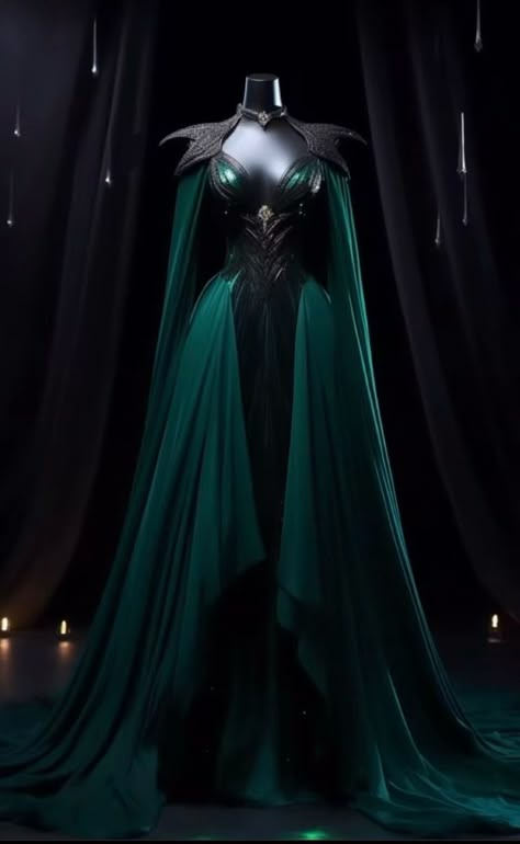 Black And Green Gown, Dark Green And Gold Dress, Dark Green Fantasy Dress, Aesthetic Dresses Formal, Green Fantasy Dress, Fantasy Dress Art, Asgardian Dress, Loki Dress, Starfall Ball