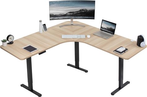 VIVO Electric Height Adjustable 71 x 71 inch Curved Corner Stand Up Desk, Light Wood Table Top, Black Frame with Memory Controller, Triple Motor L-Shaped Standing Workstation, DESK-KIT-E3CBC Standing Workstation, Light Wood Table, Corner Standing Desk, Corner Stand, Standing Work Station, Corner Workstation, Workstation Desk, Amazon Items, Electric Desk