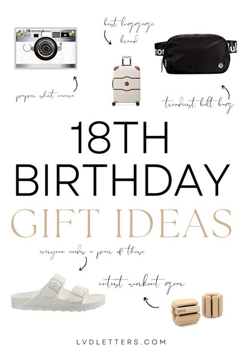 18th birthday gift ideas. Collage of different 18th birthday gift ideas including paper shoot camera, lululemon fanny pack, suitcase, white birkenstocks, bala bangles What To Get Her For Her Birthday, What To Ask For 18th Birthday, 18th Bday Gifts, 18th Birthday Wishlist, Gift For 18th Birthday Girl, 19th Birthday Presents, 18th Birthday Gift Ideas, Gift For Friend Girl, Gifts For 18th Birthday