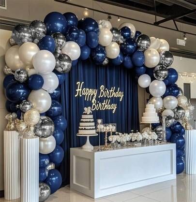 Blue And White Theme Party Decoration, Boys Birthday Decoration Ideas, Blue And White Birthday Theme, Party Colour Themes, 21 Birthday Ideas For Guys Decorations, Navy Blue Wedding Party, Blue Birthday Themes, Blue Party Themes, Blue Party Decor