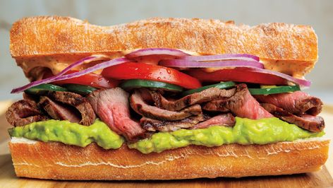 Your classic steak sandwich, but better. Found in our Gatherings Summer 2021 magazine. Steak Mexican Recipes, Top Round London Broil, Mexican Steak, Breaded Steak, Steak Sandwich Recipes, Torta Recipe, Game Day Party, Fresh Dishes, London Broil