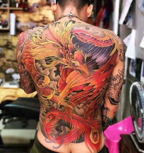 Dragon Tattoo Full Back, Raijin Tattoo, Phoenix Back Tattoo, Japanese Tattoo Meanings, Tato Phoenix, Japanese Phoenix Tattoo, Tattoo Background, Full Back Tattoos, Back Tattoos For Guys