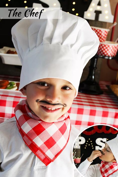 Easy Last Minute Halloween Costumes For Kids - Michelle's Party Plan-It Pasta Party Ideas, Italian Costume Ideas, Kids Chef Costume, Themed Dinners Ideas, Pizza Costume, Chef Dress, Italian Costume, Kids Pasta, Chef Costume