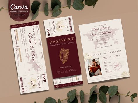 "This creative Burgundy Ireland Passport and Boarding Pass wedding invitation is the perfect option for a destination wedding! Make this editable Canva set your own - customize your text, colors, fonts and more! The set includes a 5\" x 7\" (3.5\" x 5\") Foldable Passport Invitation and a 8.5\" x 3.5\" Double Sided Boarding Pass Insert. The Passport includes the main information - the location, date, and time. The Boarding Pass includes further details, namely travel information, your wedding website, and RSVP. Both are completely customizable to include whatever information you may need. This modern DIY Digital Download will help to make your wedding planning easier! Please see below for instructions regarding your digital download purchase: - Within minutes of purchasing the template, yo Boarding Pass Invitation Wedding, Passport Wedding Card, Passport Wedding Invitations Template, Passport Invitations Wedding, Wedding Invitations Passport, Boarding Pass Invitation Template, Boarding Pass Wedding Invitations, Wedding Invitations Destination, Travel Invitation