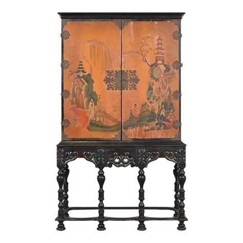 A gorgeous antique Chinoiserie Jacobean style bookcase, dining cabinet, or bar cabinet  In the manner of Berkey & Gay  USA, Circa 1900  Carved ebonized walnut, with orange lacquered case featuring hand painted Chinoiserie scenes, and original brass hardware.   Measures: 37.25"W x 16.75"D x 62"H.  Good original vintage condition. Living Room Bar Cabinet Chinese, Antique Asian Furniture, Bookcase Bar, Chinese Apothecary Cabinet, Painting Bookcase, Chinoiserie Furniture, Asian Cabinet China Furniture & Arts, Dining Cabinet, Asian Decor