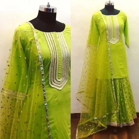 Neon green sharara with gota work. Can be customised in any color or size.  For enquiry,  email at designbyshivani@gmail.com  Whatsapp at +919999762639  #sharara #greensharara #indianembroidery #gotawork #indiancouture #ethniccouture #instadaily #southasianwedding #indianbridal #bluelehenga #ootd  #indianwear #southasianwedding #wedmegood #weddingbuzz #indiandesigner #indianbride #indianbridal #indianwedding #wedmegood #ootd #indianethnic #weddingplz Neon Green Indian Outfits, Green Punjabi Suit, Sharara Outfit, Lehenga Shopping, Green Sharara, Sharara Designs, Indian Wedding Lehenga, Shadi Dresses, Neck Designs For Suits